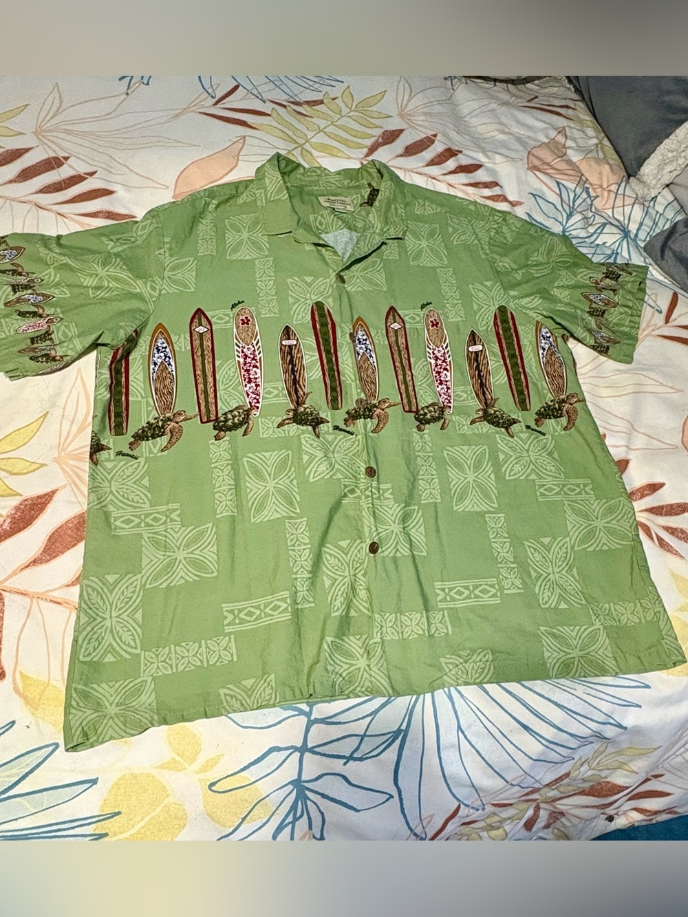 Vintage Royal Hawaiian Creations Sage Green Surf Board Sea Turtle Shirt Sz. 3XL